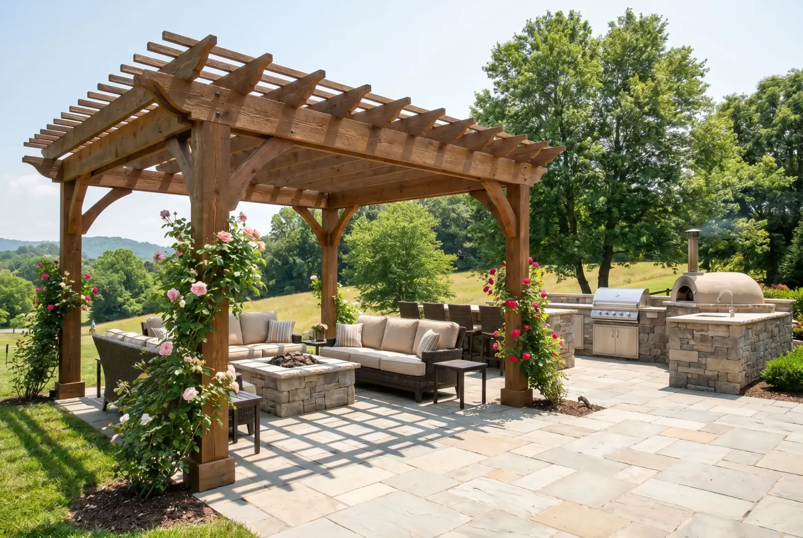 Stone patio and stone-faced outdoor kitchen under a timber pergola