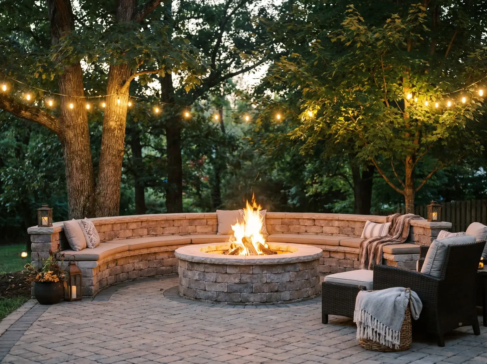 Paver patio with curved stone seating wall and fire pit in a Knoxville backyard