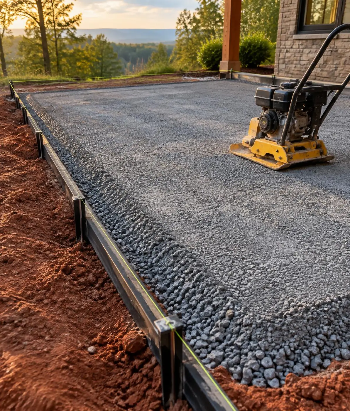 Compacted crushed stone base and edge restraint prepared for a paver patio over East Tennessee red clay