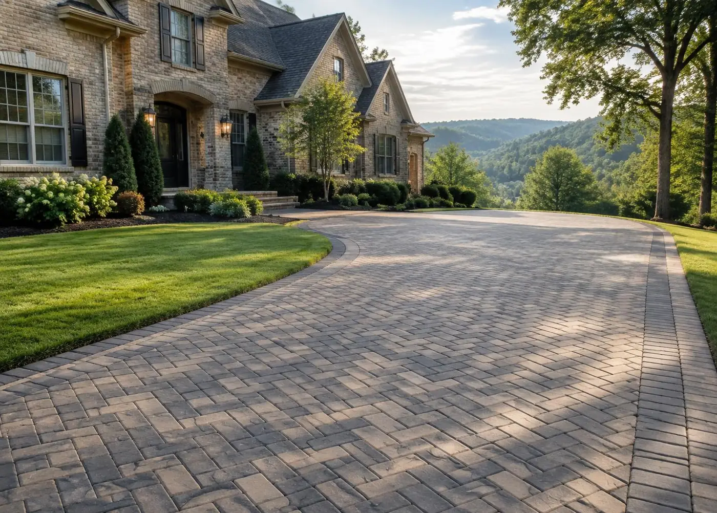 Herringbone paver driveway with soldier course border at a brick home