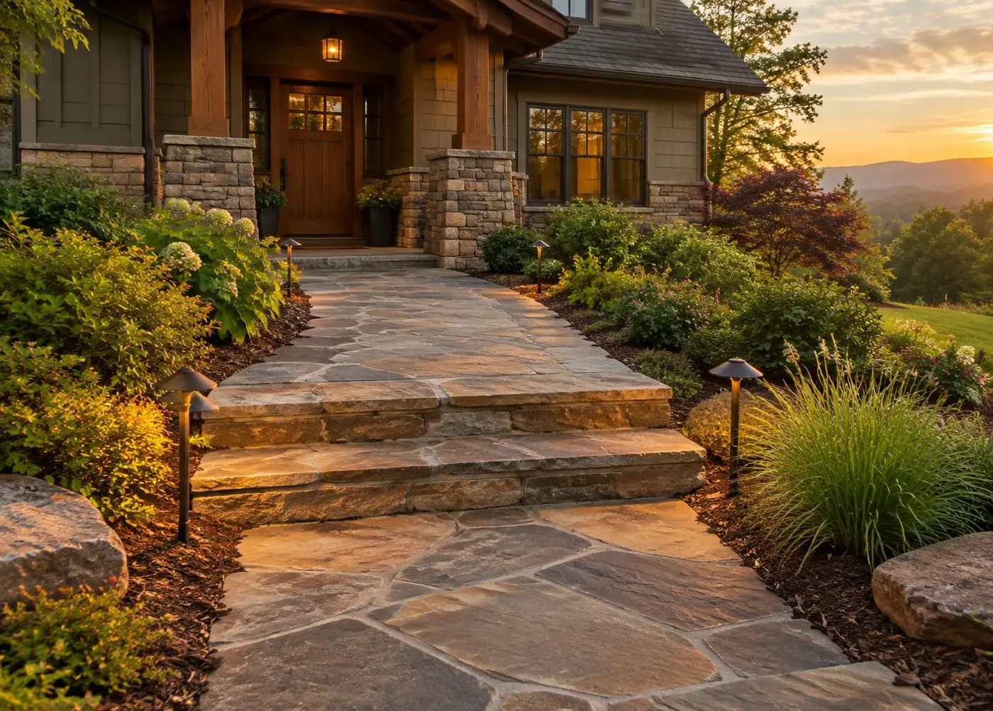 Natural flagstone front walkway with stone steps and path lighting